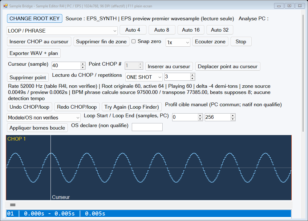 SampBridge 0.6.17.12 Sample Editor, with synthetic waveform, exact sample-position controls and PC playback settings