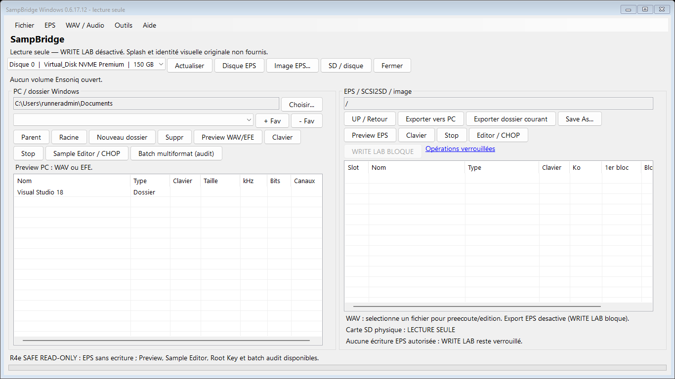 Actual SampBridge 0.6.17.12 Windows workspace showing the PC and EPS panels before a medium is opened